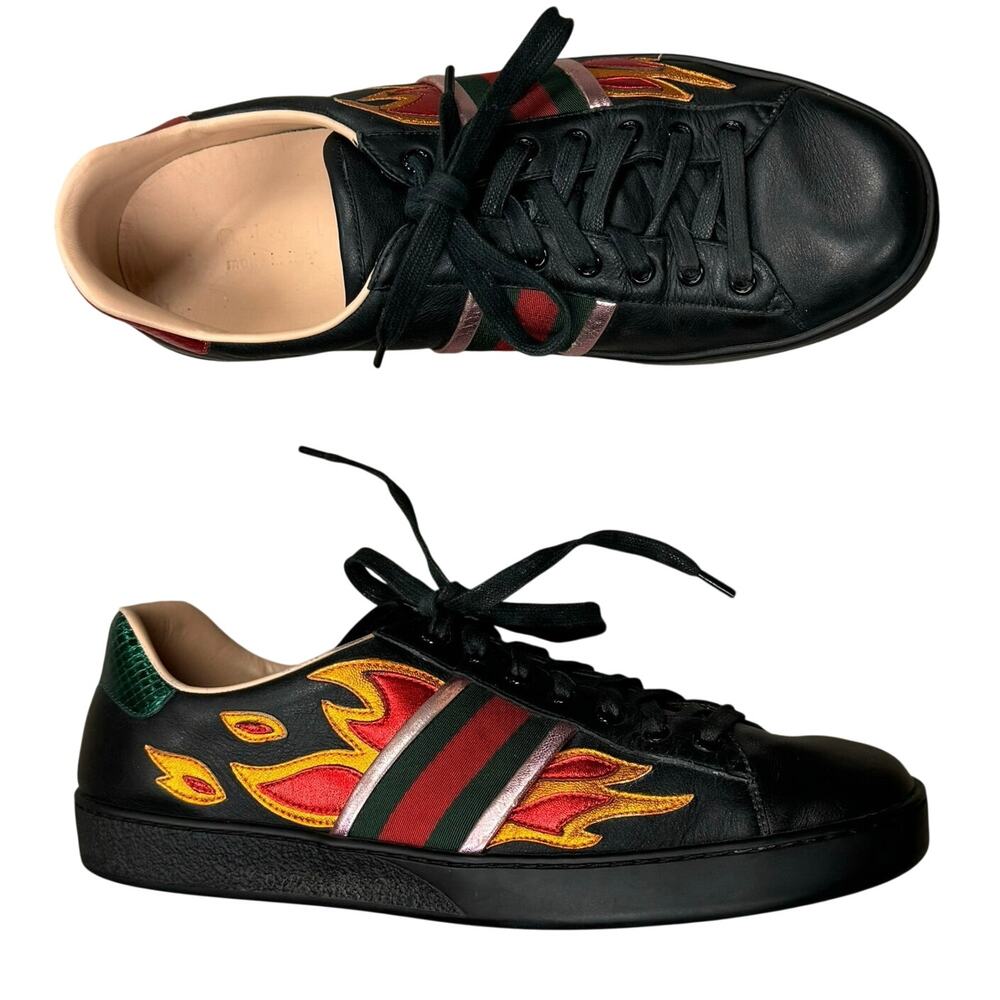 Men's GUCCI Ace Flame Black Leather Low Top Flame Lace-Up Sneakers Sz. 9 440724 - Picture 2 of 11